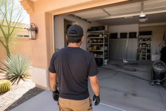Epoxy technician working in a residential garage in Phoenix, AZ.