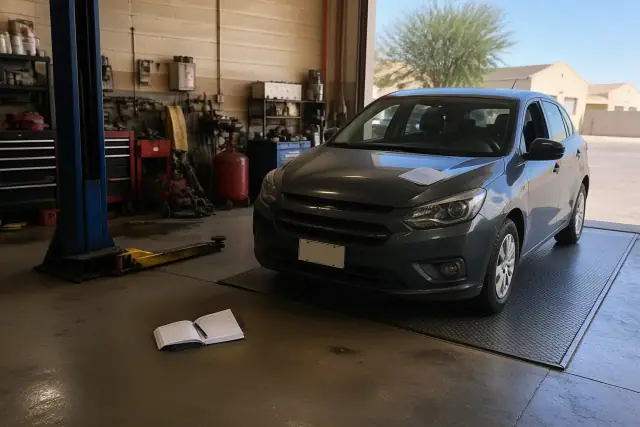 Vehicle parked for 24-hour return with a diagnostic tag and logbook in a Phoenix, AZ maintenance workshop.