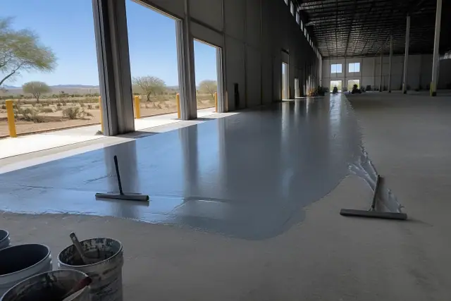Liquid epoxy poured on a warehouse floor with tools nearby during surface preparation in Phoenix, AZ.