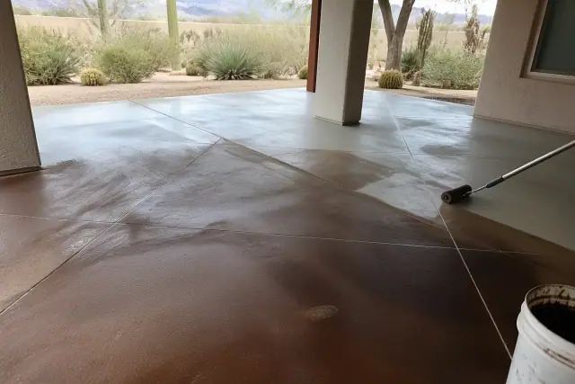 Concrete floor with scored lines and water-based stain on an outdoor patio in Phoenix, AZ.
