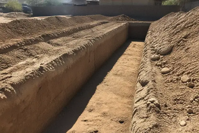 Rectangular trench excavated in dry desert soil for a new foundation in Phoenix, AZ.