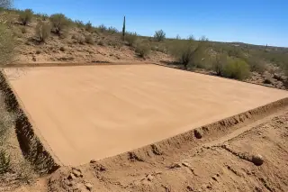 Level, compacted dirt building pad on a sloped desert site in Phoenix, AZ.