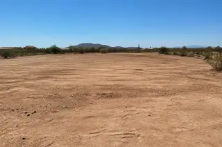 Cleared and leveled desert land with sparse creosote bushes at a construction site in Phoenix, AZ.