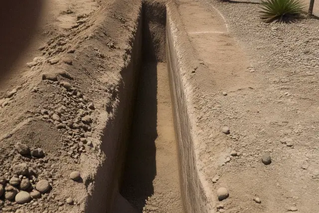 A narrow, rectangular construction trench with defined earth walls in Phoenix, AZ.