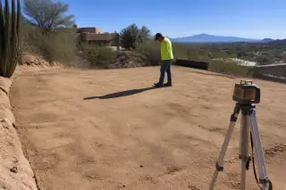 Worker using a laser level on a compacted dirt pad at a sloped construction site in Phoenix, AZ.