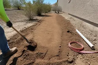 Worker using a shovel to level a backfilled utility trench near a house in Phoenix, AZ.