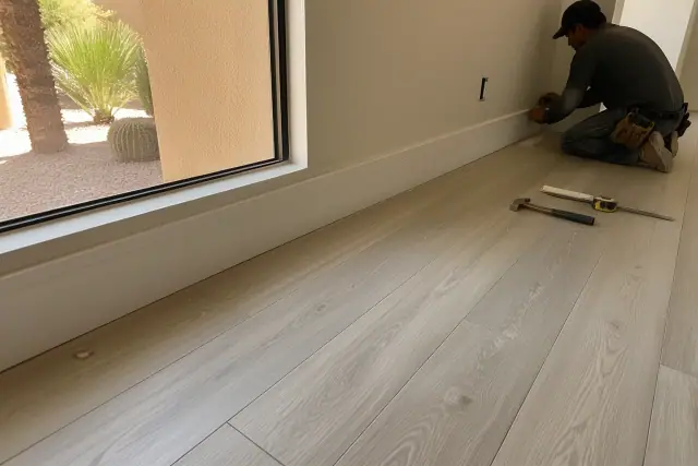 Contractor installing laminate flooring with baseboards in a Phoenix, AZ home.