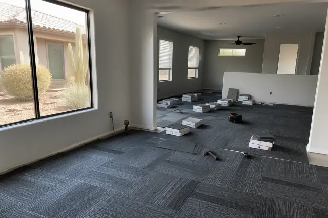 Carpet tiles being installed in a workspace during a renovation in Phoenix, AZ.