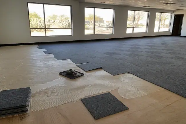Technician installing carpet tiles on a leveled wooden subfloor in a Mesa, AZ office workspace.