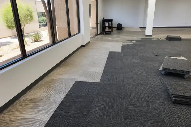 Carpet tiles being installed on a concrete floor in a workspace during a renovation in Peoria, AZ.