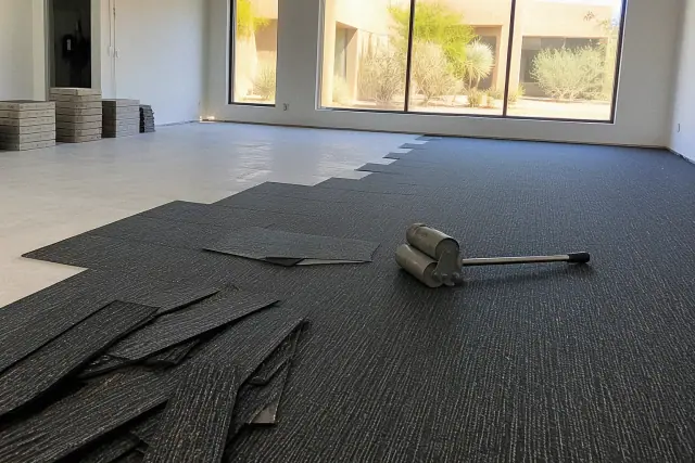 A contractor installing carpet tiles in an open workspace in Surprise, AZ, with a floor roller and tile scraps nearby.