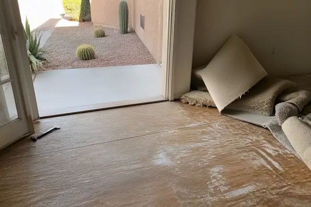 Technician removing old carpet to prepare a wooden subfloor for repair in Phoenix, AZ.