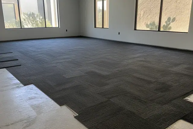 Carpet tiles and padding being installed in a Phoenix, AZ office workspace with views of cacti through the windows.