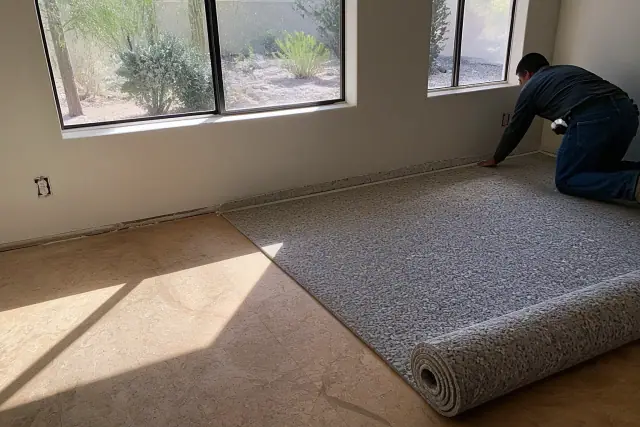 Technician installing dense carpet padding over a wooden subfloor in a home in Phoenix, AZ.