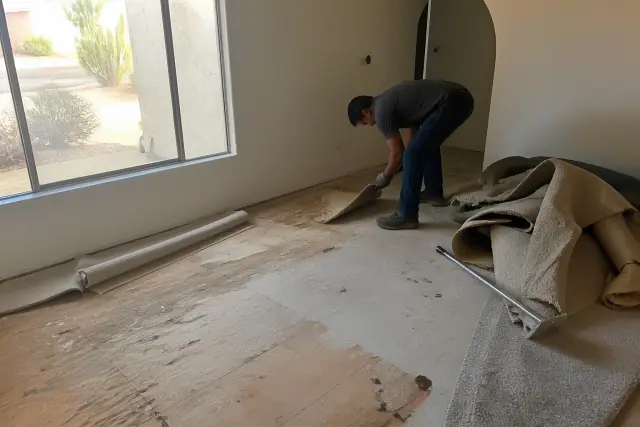 Technician removing old carpet to prepare a wooden subfloor for new installation in a Phoenix, AZ home.