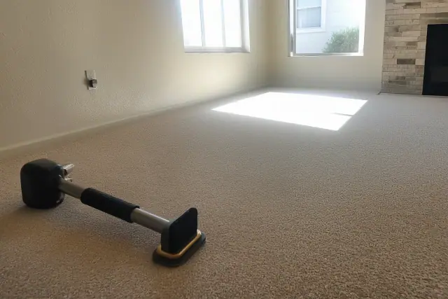 A knee kicker tool on taut, repaired carpet in a Phoenix, AZ living room with sunlight on stucco walls.