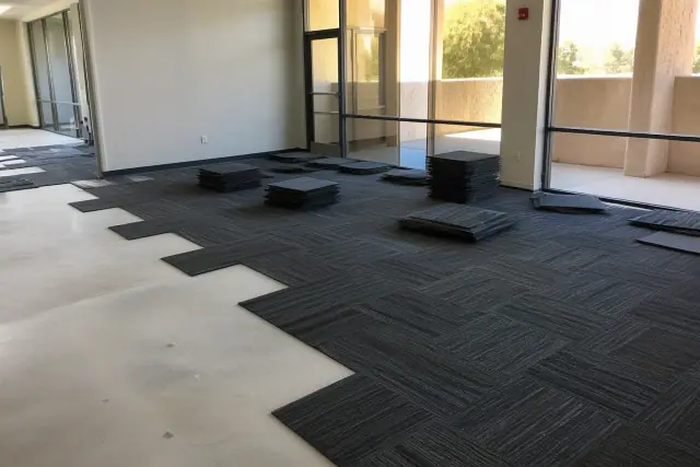 Carpet tiles being installed in a sunny Phoenix, AZ workspace during an interior renovation.
