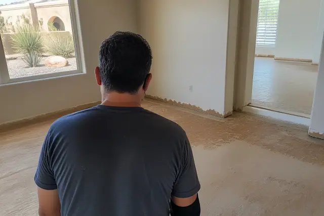 Flooring professional inspecting a wooden subfloor for a renovation project in Phoenix, AZ.