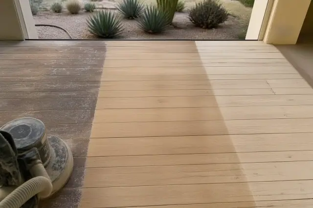 Industrial sander smoothing wood planks during a flooring restoration project in Phoenix, AZ.