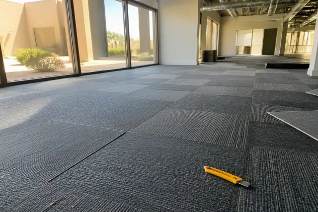 Commercial carpet tile installation in a workspace with sunlight streaming through windows in Phoenix, AZ.