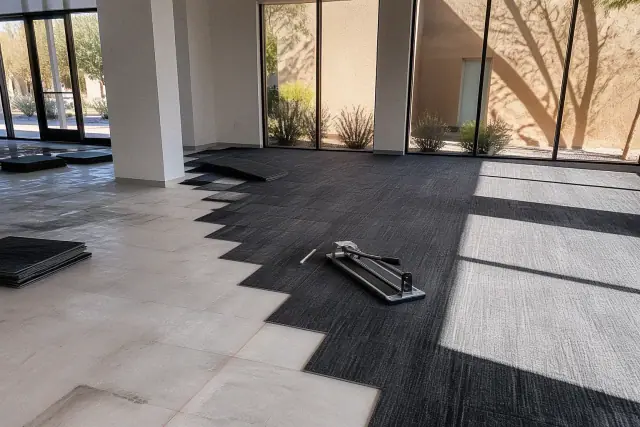 Commercial carpet tiles being installed in an office workspace in Phoenix, AZ.