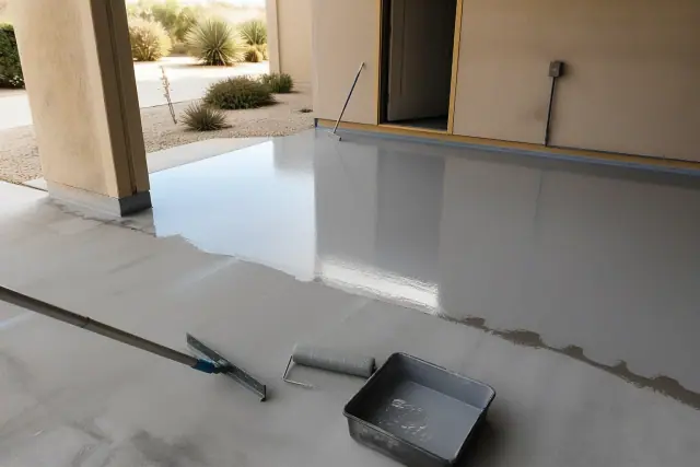 Contractor applying fresh high-gloss epoxy resin to a concrete floor at a jobsite in Phoenix, AZ.