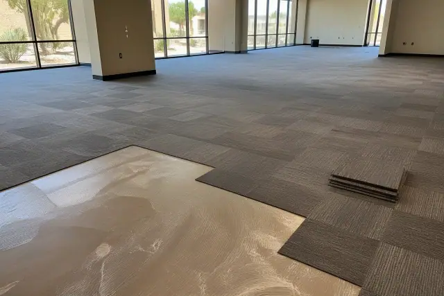 Partially installed carpet tiles on a concrete floor during an interior renovation at a workspace in Scottsdale, AZ.