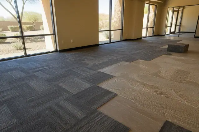 Commercial carpet tile installation in a workspace during a renovation in Peoria, AZ.