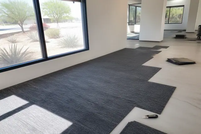 Installation of carpet tiles in a workspace during an interior renovation in Glendale, AZ.