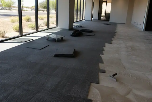 Commercial carpet tile installation with adhesive tools in a bright, xeriscaped office workspace in Tempe, AZ.