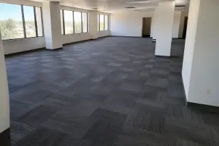 Durable carpet tiles installed in a bright commercial office with stucco walls in Phoenix, AZ.