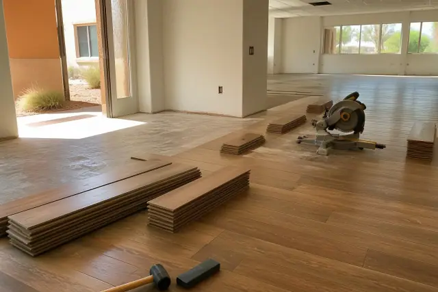 Commercial laminate flooring installation with planks, a saw, and a tapping block in a workspace in Phoenix, AZ.