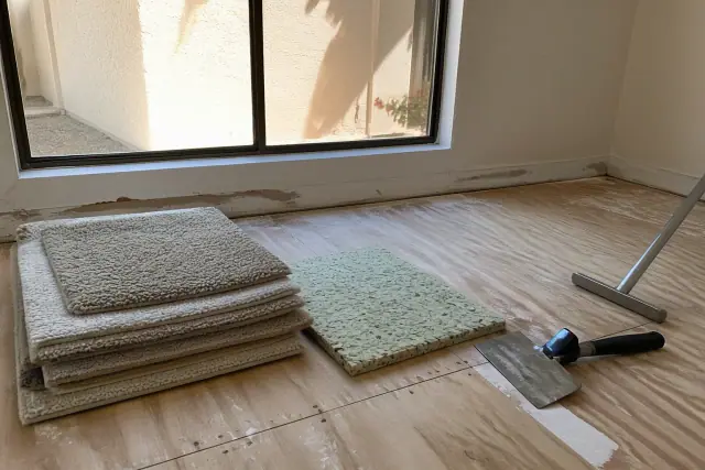 Carpet samples, foam padding, and subfloor prep tools in a home being renovated in Phoenix, AZ.