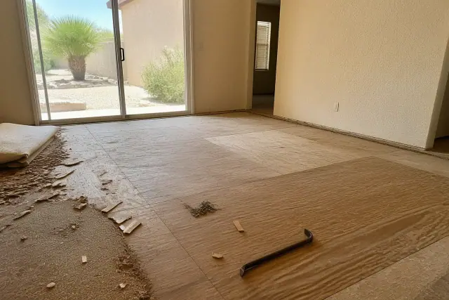 A technician prepares a wooden subfloor in a Phoenix, AZ living room by removing old carpet and debris.