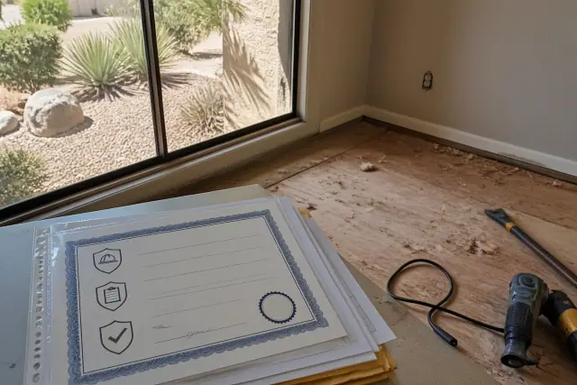 Contractor license and insurance documents on a subfloor at a job site in Phoenix, AZ.