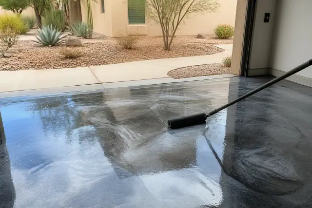 Contractor applying metallic epoxy resin to a garage floor in Phoenix, AZ with a xeriscaped yard in the background.