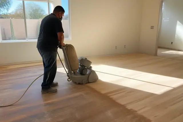 Industrial sander removing old finish from hardwood floors during a restoration project in Phoenix, AZ.