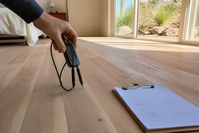 Moisture meter testing engineered hardwood floors for refinishing in a residential bedroom in Phoenix, AZ.