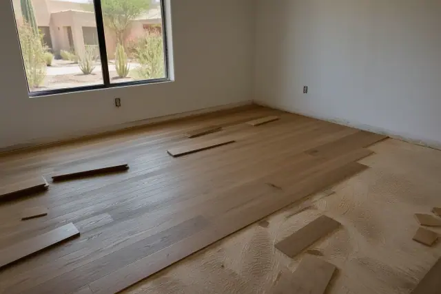 Engineered hardwood floor installation in a bedroom with desert views through a window in Phoenix, AZ.