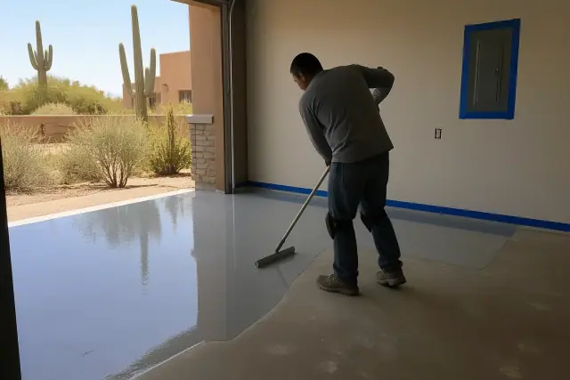 Contractor applying epoxy resin to a prepared concrete floor at a jobsite in Phoenix, AZ.