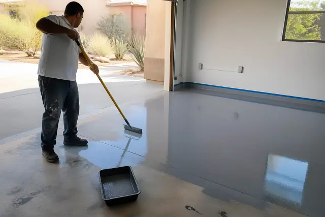 Technician applying high-gloss epoxy resin to a garage floor in Phoenix, AZ with desert landscaping in the background.