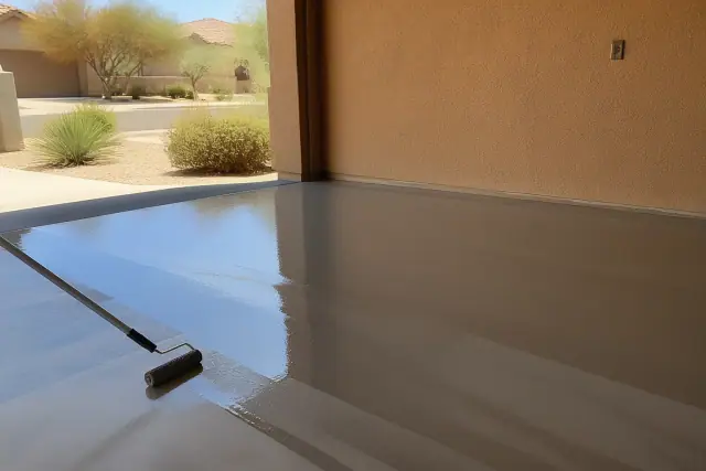 Professional applying high-gloss epoxy resin to a concrete garage floor at a jobsite in Goodyear, AZ.