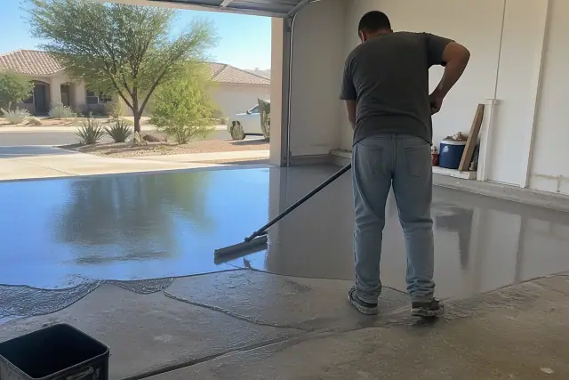 Professional applying wet epoxy resin to a garage concrete floor in Avondale, AZ.