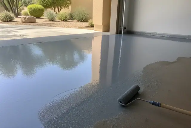 Freshly applied high-gloss epoxy flooring on a garage concrete surface in Gilbert, AZ.