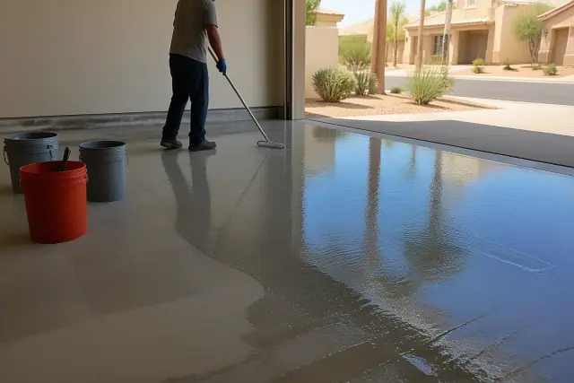 Contractor applying epoxy resin to a garage floor in Tempe, AZ with mixing buckets nearby.