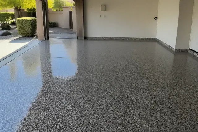 Glossy epoxy garage floor with paint flakes in a residential home in Glendale, AZ.