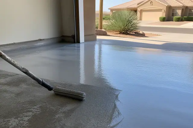 Wet epoxy resin being rolled onto a garage floor at a home in Surprise, AZ.