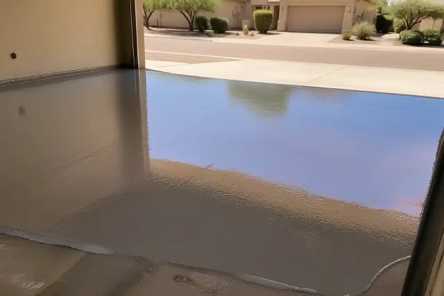 High-gloss epoxy resin garage flooring in a Mesa, AZ home with a view of a sun-bleached residential yard.