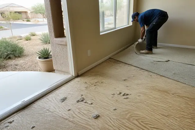 Technician removing carpet to prepare a wooden subfloor for new flooring at a residential job site in Phoenix, AZ.