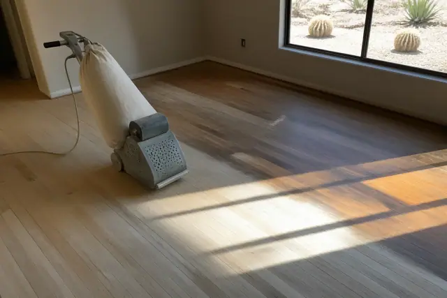 Industrial sander smoothing hardwood bedroom floors during a restoration project in Phoenix, AZ.